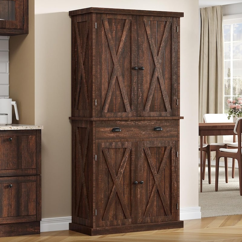Moasis Farmhouse Freestanding 72'' Kitchen Pantry Storage Cabinet Cupboard with Drawer Adjustable Shelves