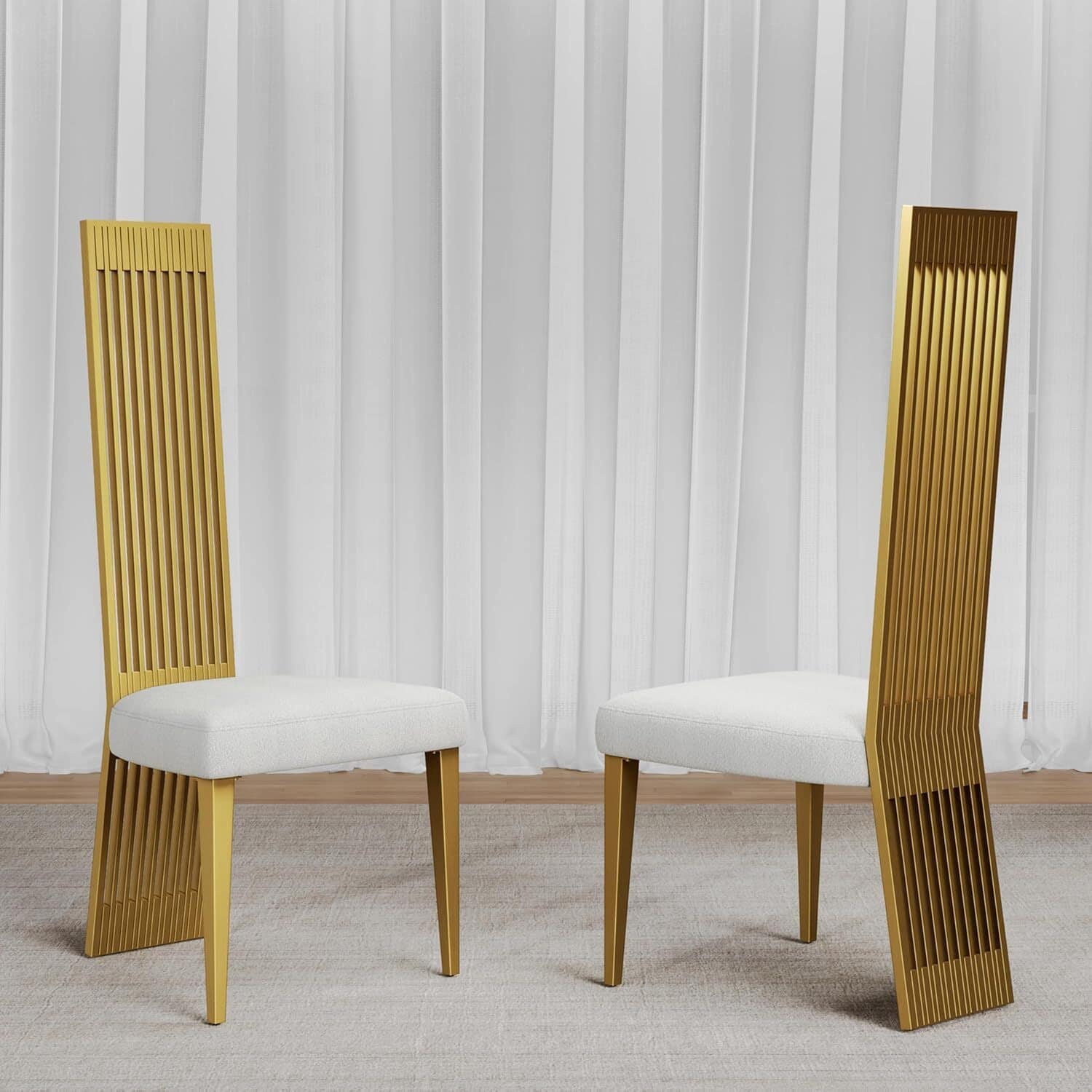 Modern White Boucle Dining Chairs with Brushed Gold Stainless Steel Legs and High Back