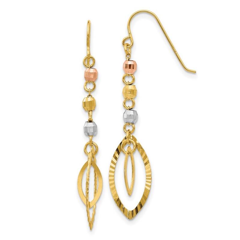 Curata 14K Tri-Color Gold 38x8mm Faceted Bead Oval Dangle Earrings