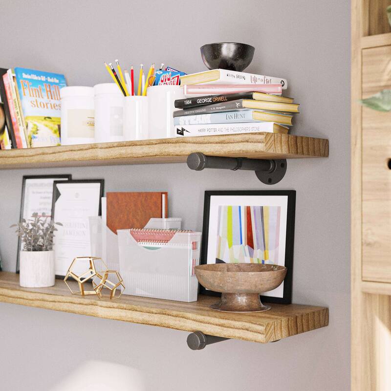 Wallniture 60 or 84 inch Long Wall Shelf, Industrial Pipe Shelving, Wooden Book Shelves for Living Room, Rustic Decor, 1 Pc