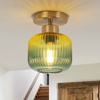 5.9" Wide Vintage Gold Semi Ceiling Light Flush Mount with Green Glass - D 5.9" x H 7.7"