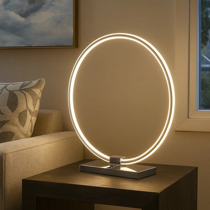 Sine 21 Inch Table Lamp, Modern Circle Ring LED, Sleek Silver Metal Base