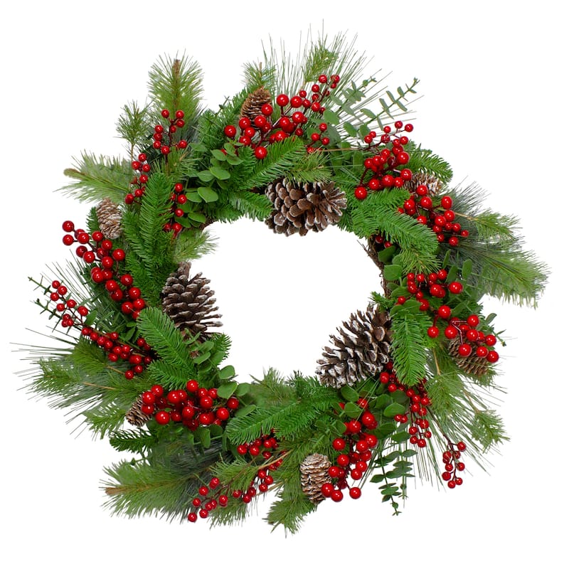 Holly Berries Snowy Pinecones Artificial Christmas Wreath - 24", Unlit