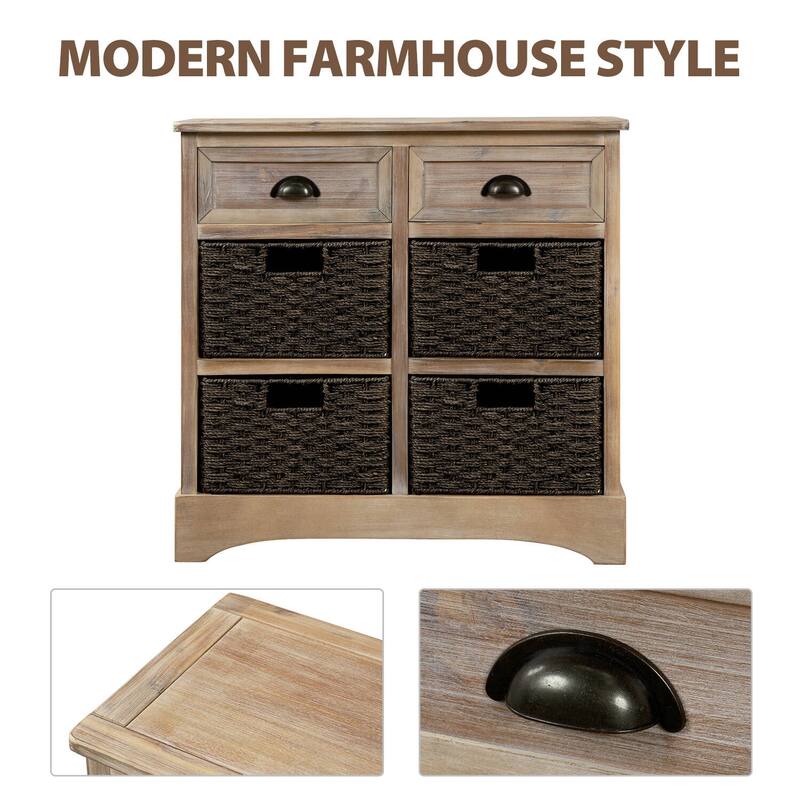 Rustic Storage Cabinet with Two Drawers and Four Classic Rattan Basket