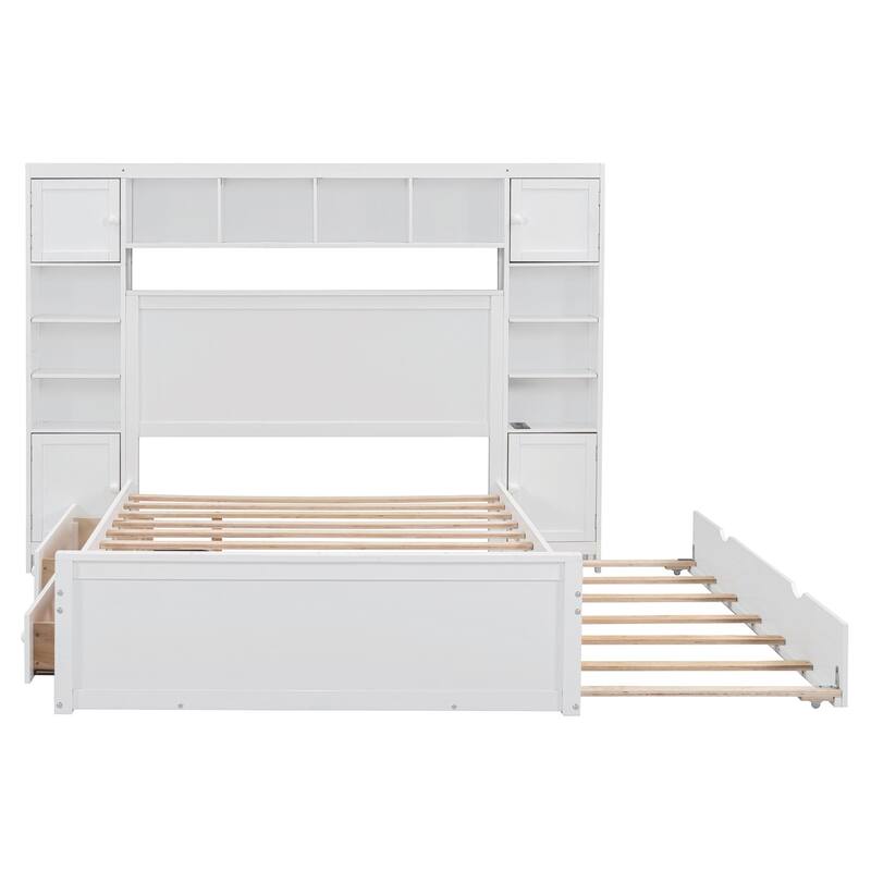 Wooden Bed with Built-in Cabinet, Shelf, and Sockets