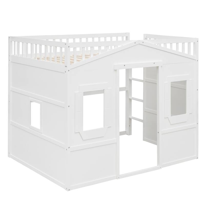 Modern Twin/Full Loft Bed with Ladder, Solid Pine Wood, Safety Guardrails