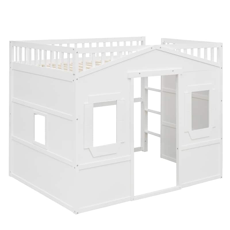 White Castle Style Solid Pine Wood Loft Bed with Ladder and Guard Rails