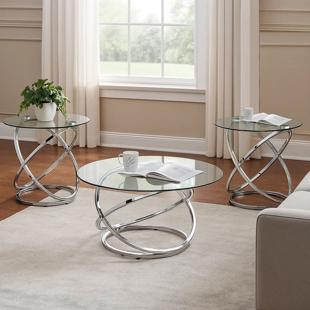 3-Piece Coffee and Side End Table Set | Round Glass Tops with Swirl Chrome Steel Bases | Silver