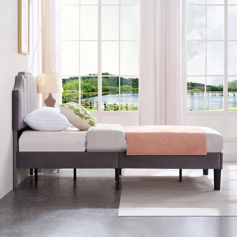 VECELO Upholstered Bed Frame with Nailhead Trim Adjustable Height Headboard, Twin/Full/Queen Size Bedframes