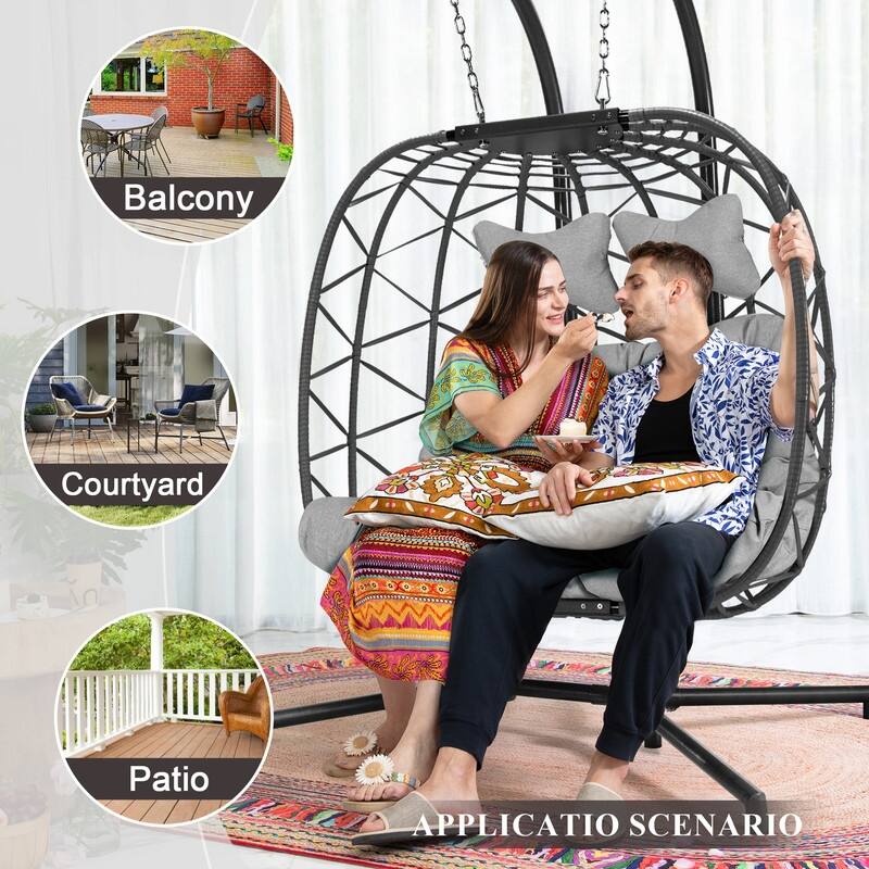 Oversized Outdoor Double Egg Hanging Chair with Cushions, 700 lbs Capacity Swing Chair for Indoor or Patio