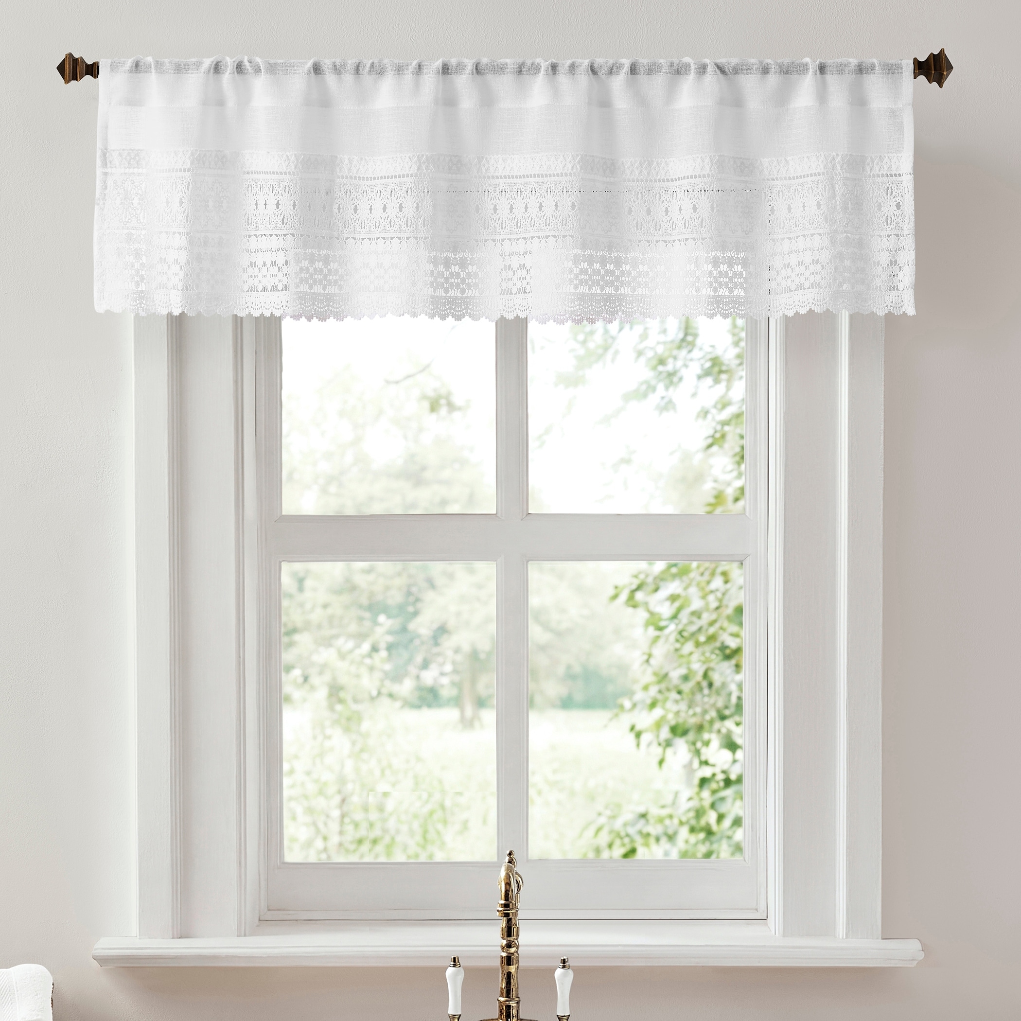 No. 918 Camille Macrame Lace Trim Sheer Rod Pocket 1-Piece Kitchen Curtain Valance