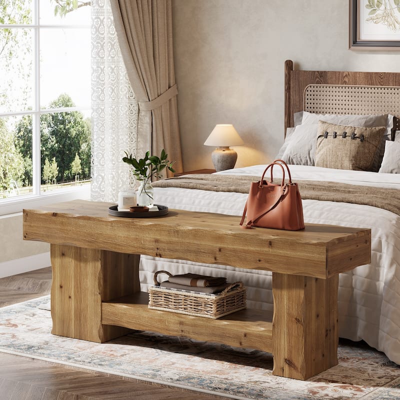 2 Tier Solid Wood Bench for Entryway, Bedroom, Kitchen, Dining Room, Living Room, Farmhouse Style, 63 Inch