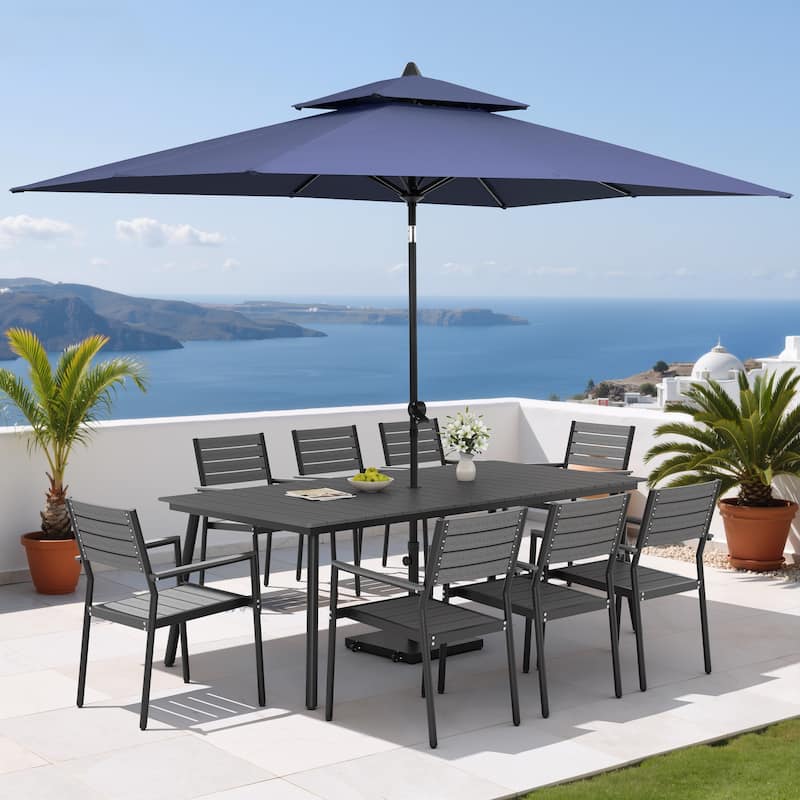 11PC Outdoor Patio Dining Set Aluminum Table with Stackable Armchairs w/ Premium Market Umbrella Sets - GreyTable&GreyChairs&NavyBlueUmbrella