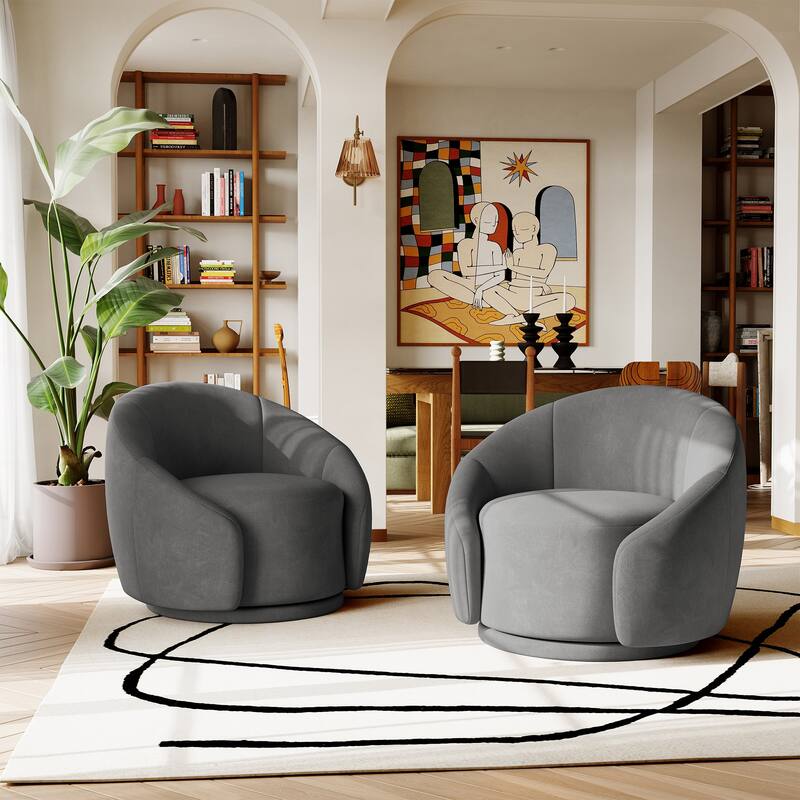34" Wide 2 Set Velvet/ Boucle Barrel Swivel Chair