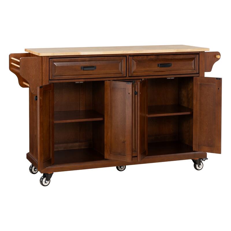 Kitchen Island with Rubber wood Countertop, Kitchen Cart on 5 Wheels with Storage Cabinet and 2 Top Drawers