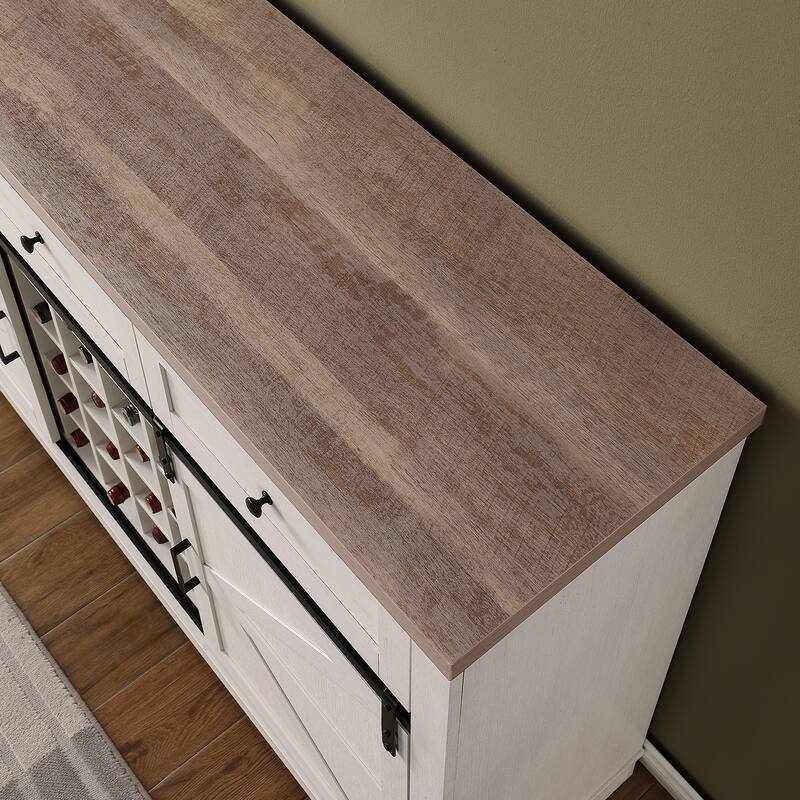 Farmhouse Wine Bar Cabinet w/Sliding Barn Door, 58" Kitchen Coffee Bar Cabinet w/Wine & Glass Rack, Storage Shelves, 3 D