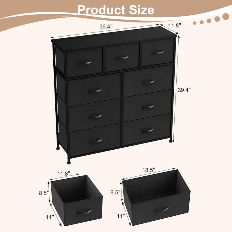 Furniwell 9 Drawer Fabric Dresser Chest of Drawer Cabinet, Black