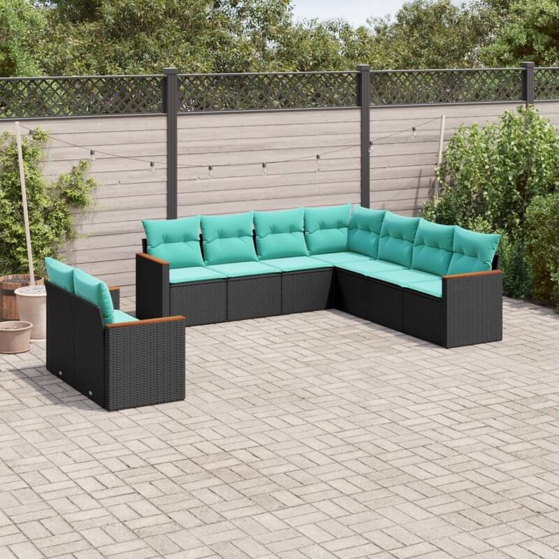 vidaXL 10 Piece Patio Sofa Set with Cushions Black Poly Rattan - 113.9x27.2x24.4