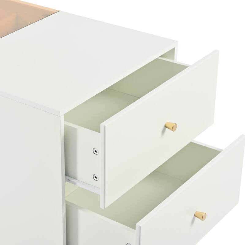 Roomfitters Modern Luxury Multi-Functional Island Vanity Dresser, Storage Cabinet with Glass Tabletop, Cream White