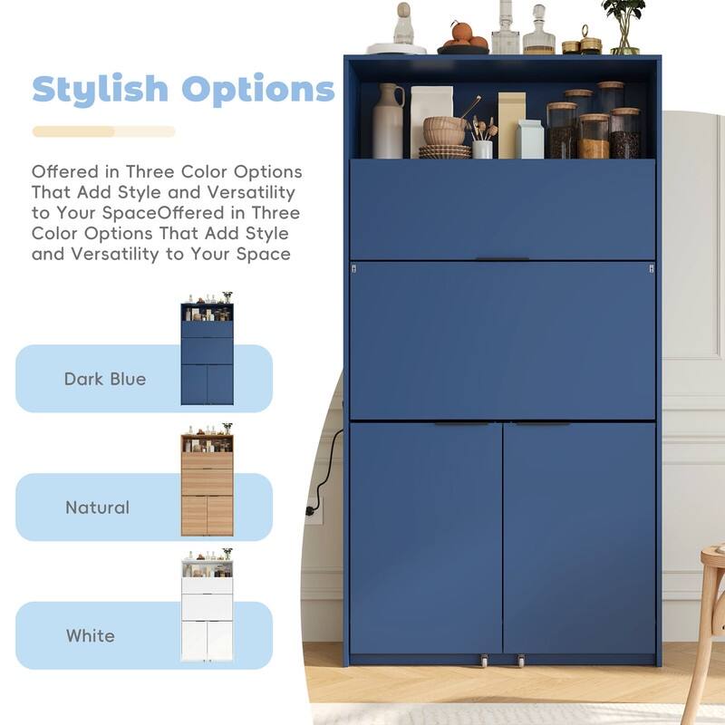 69"Tall Kitchen Pantry with Hutch, Multifunctional Storage Cabinet with Adjustable Shelf and Power Outlet