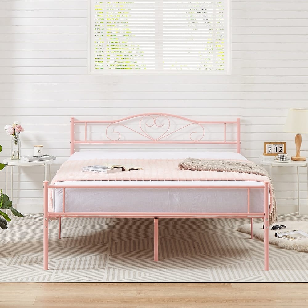 VECELO Victoria Metal Platform Bed Frames with Heart Pattern Headboard 12.6" Underbed Space No Box Spring Required