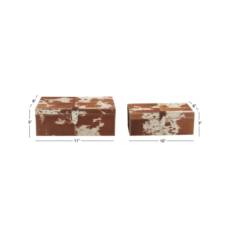 Leather Handmade Decorative Box with Hinged Lid - Set of 2 Gray, Brown, Dark Brown, Gold, Silver - Roche River Decor