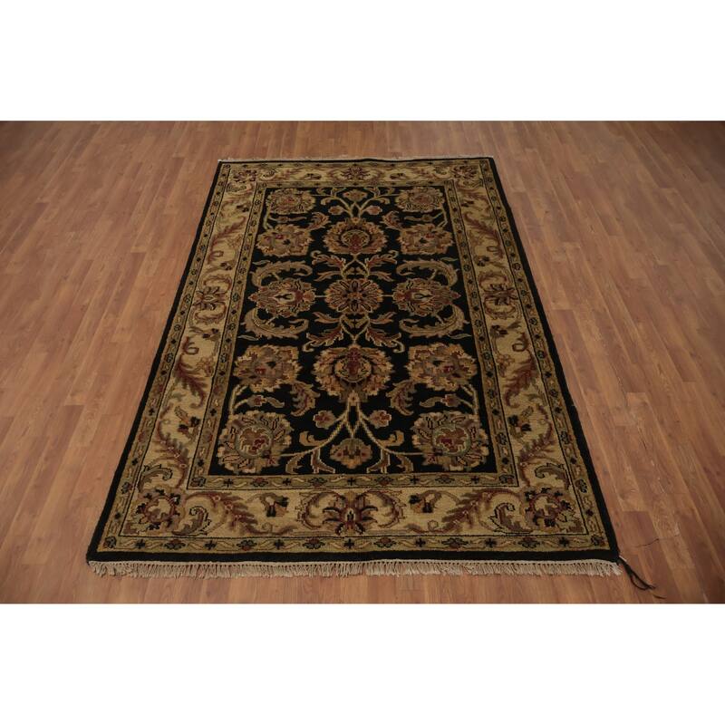 Hand Knotted Oriental 100% Wool Carpet Traditional Floral Black Agra Area Rug - 8' 4'' X 5' 5''