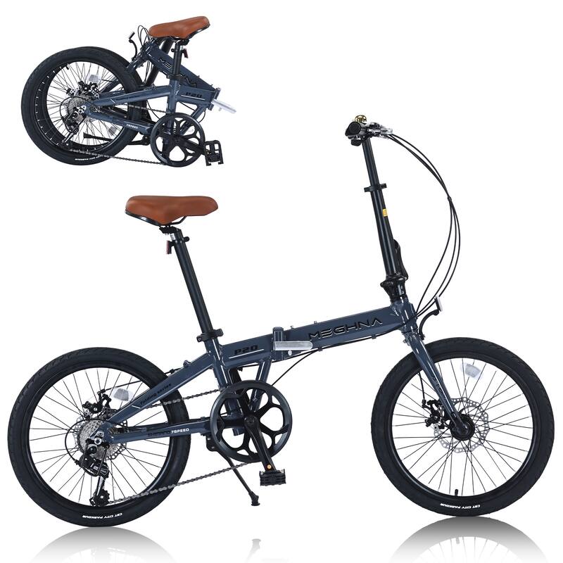 20" Folding City Bike, Lightweight Aluminum Frame,7-Speed Folding Bike - Blue Gray