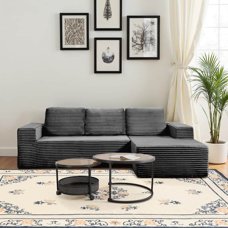Meyreso No Assembly Required Long Plush L-Shaped Sectional Sofa with Round Nesting Coffee Tables - Grey - Left Chaise
