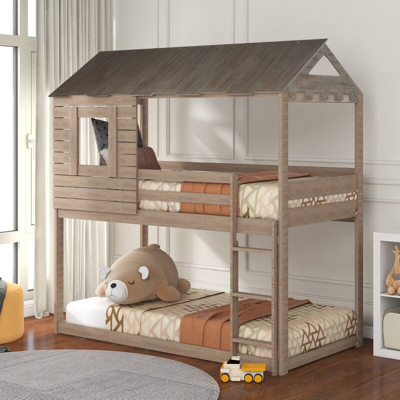 Twin Over Twin Playhouse Inspired Bunk Bed with Sloping Roof, Window - Antique Gray