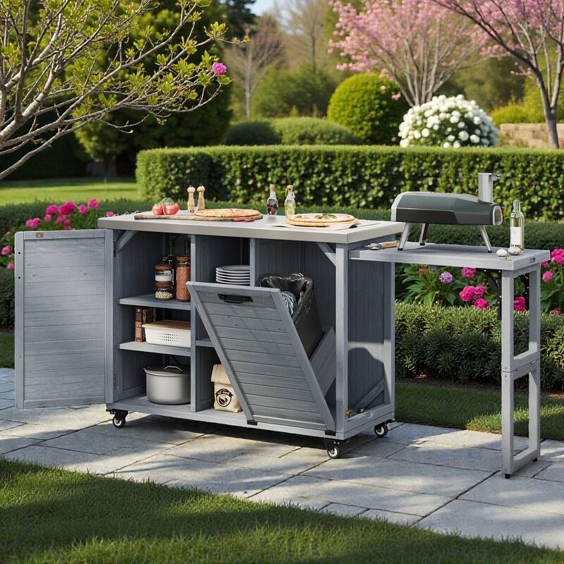78.3" Outdoor Kitchen Island with Foldable Grill Table, Solid Wood BBQ Cart with Trash Storage & Stainless Steel Top