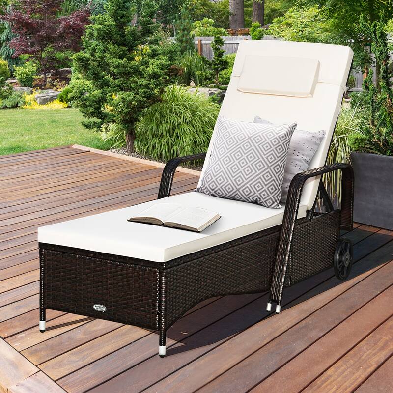 Adjustable Patio Lounge Outdoor Rattan Cushioned Chaise Recliner