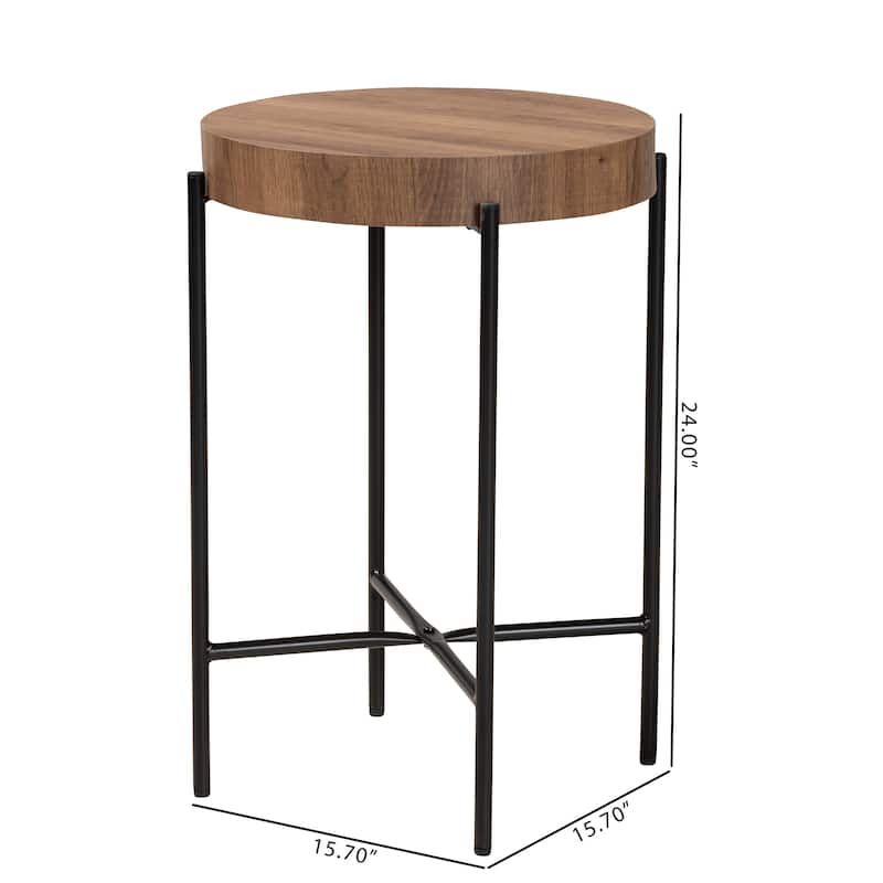 Savion Modern Industrial Walnut Brown Finished Wood and Black Metal End Table