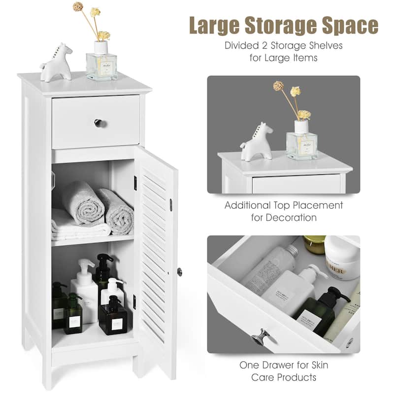 Gymax Bathroom Floor Storage Cabinet Side Wooden Organizer w/ Drawer & - See Details
