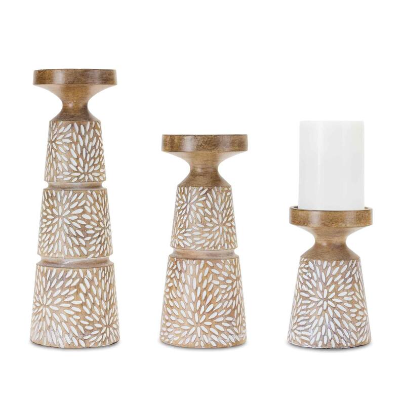 Etched Starburst Pillar Candle Holders 12.25" Brown and White Set of 3