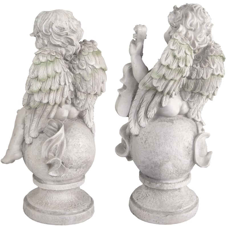 Set of 2 Cherub Angels with Violin and Harp on Finials Outdoor Garden Statues 15.25"