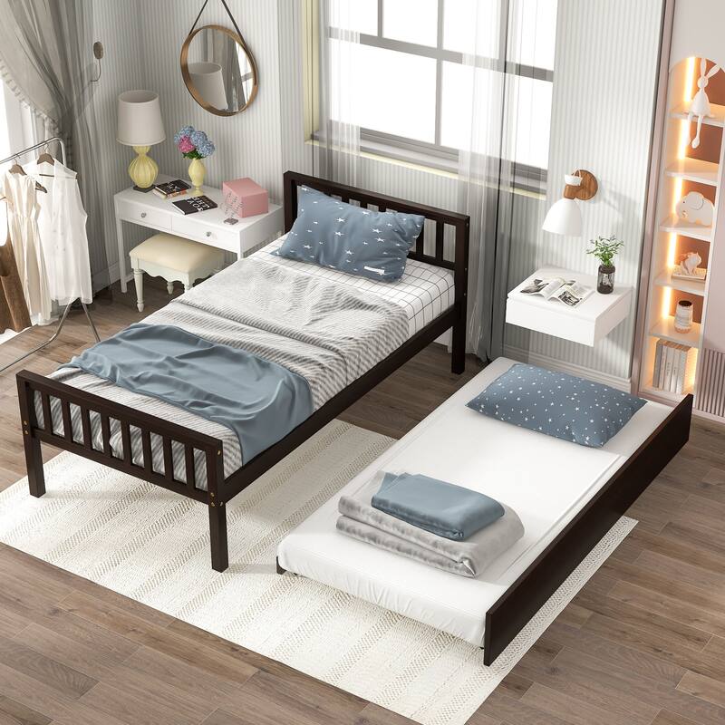 Twin Platform Bed Frame with Trundle, Headboard, and Footboard, No Box Spring Needed, Espresso