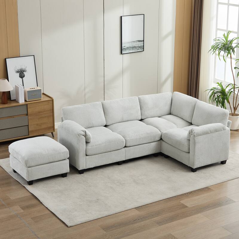 5-Seater Corduroy Sectional Sofa, Removable Ottoman, Modular Design
