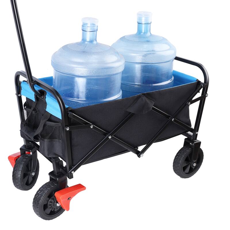 Mini Folding Wagon Garden Shopping Beach Cart (Black+Blue+Brake) - Black