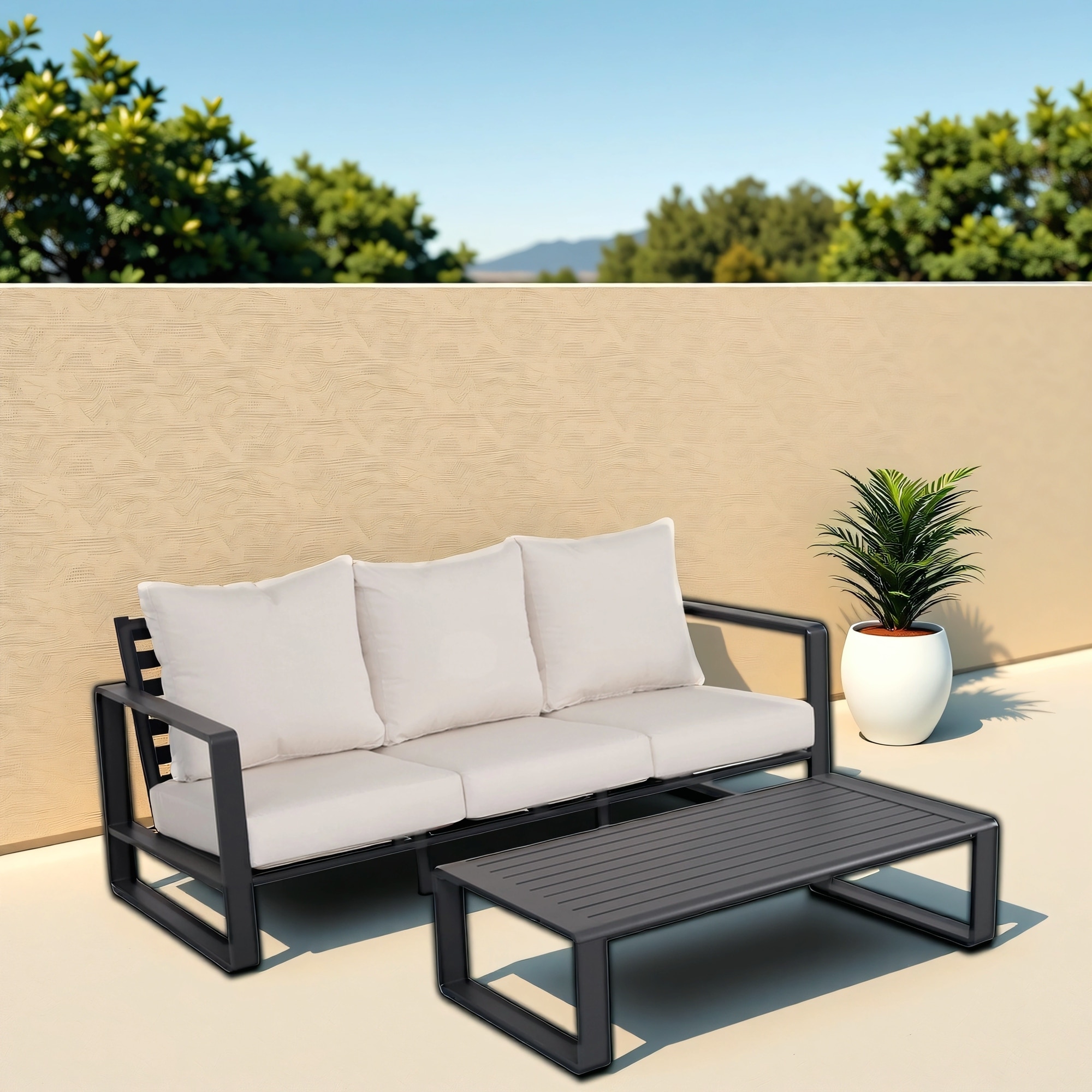 Three-seat sofa and rectangular coffee table