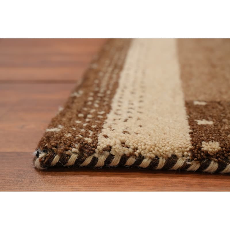Hand Knotted Oriental 100% Wool Carpet Modern Geometric Brown Gabbeh Area Rug - 4' 5'' X 2' 5''