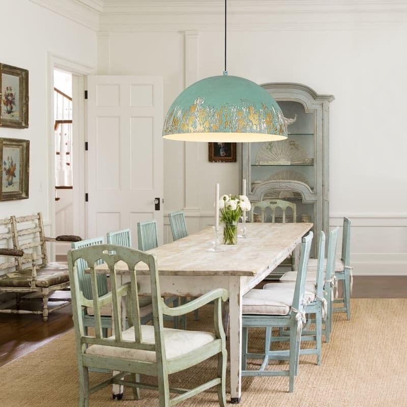 European Artisanal Antique Gold Patina Iron Oversized Dome Pendant - Green