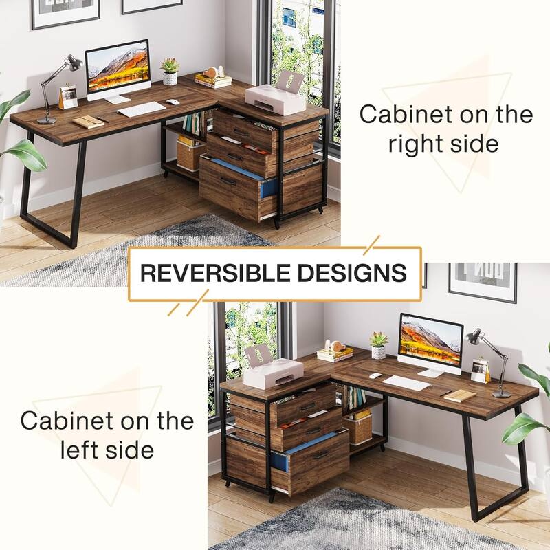 53" Reversible L-Shaped Computer Desk with 3 Drawers and Storage Shelves, Industrial Corner Home Office Desk with File Cabinet