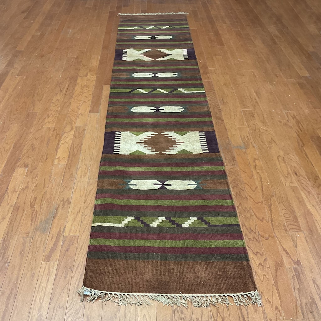 HERAT ORIENTAL Handmade 2'6 x 12' Chenille Geometric Kilim Runner - 2'6" x 12'1"