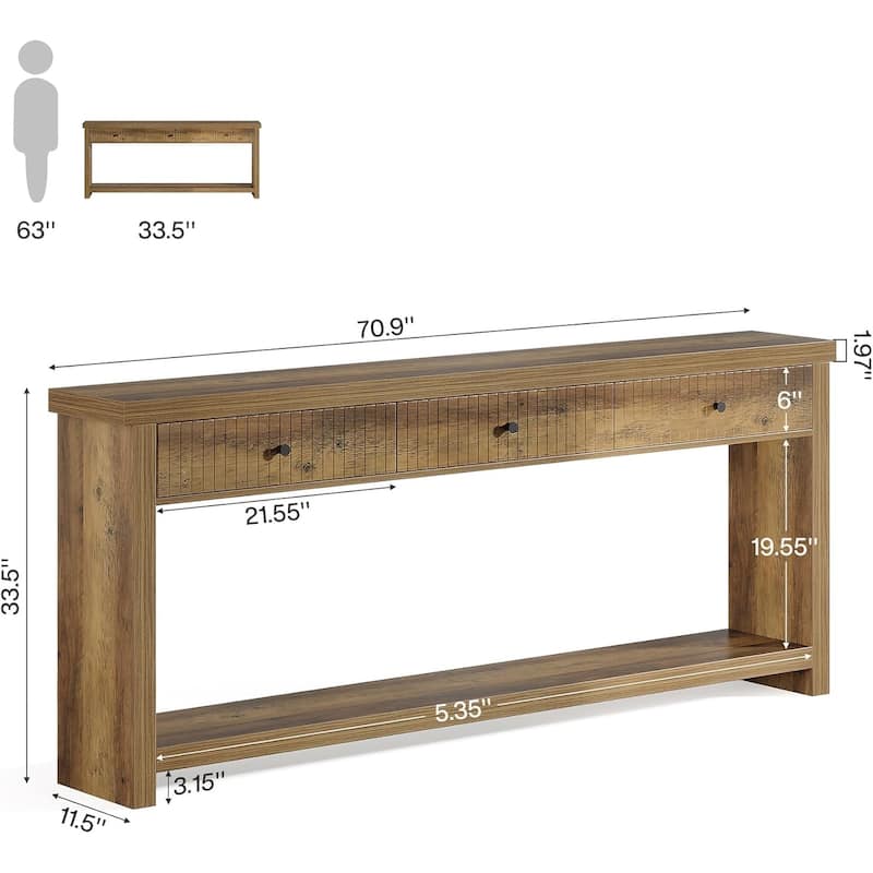 Extra Long Wood Console Table, Oak Sofa Entryway Table with 3 Drawers & Storage Shelves for Living Room, Hallway, Foyer