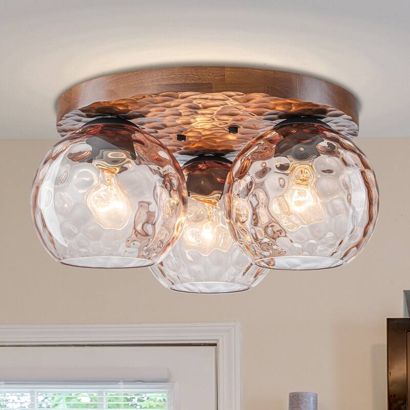 3-Light Rustic Wood Flush Mount Ceiling Light with Textured Amber Glass Shades - Dia.16.54-in - Dia.16.54-in