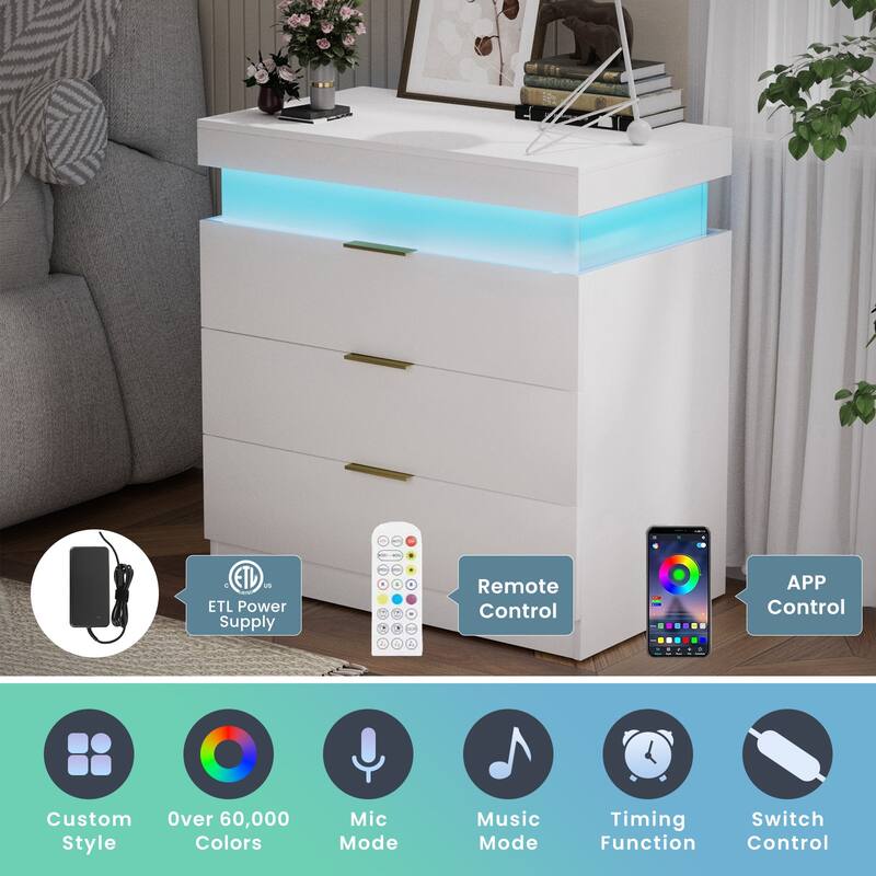 White Accent Table Nightstand with Charging Station and LED Lights, End Table Side Table with Drawers