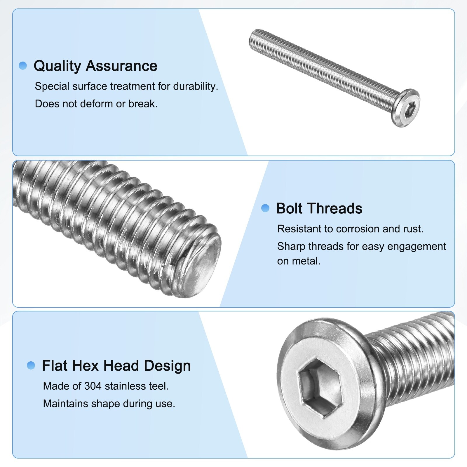 Flat Head Socket Cap Screws 304 Stainless Steel Hex Drive Fastener Kit with Hex Key - Silver