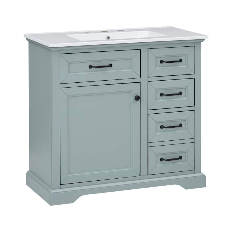 Grey 36-Inch Bathroom Vanity with 2 Tip-Out Drawers, Ceramic Sink, and Painted Finish