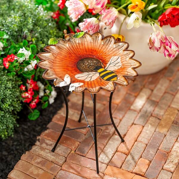 slide 2 of 2, 16.5" Metal Bird Bath with Stand, Sunflower & Bee